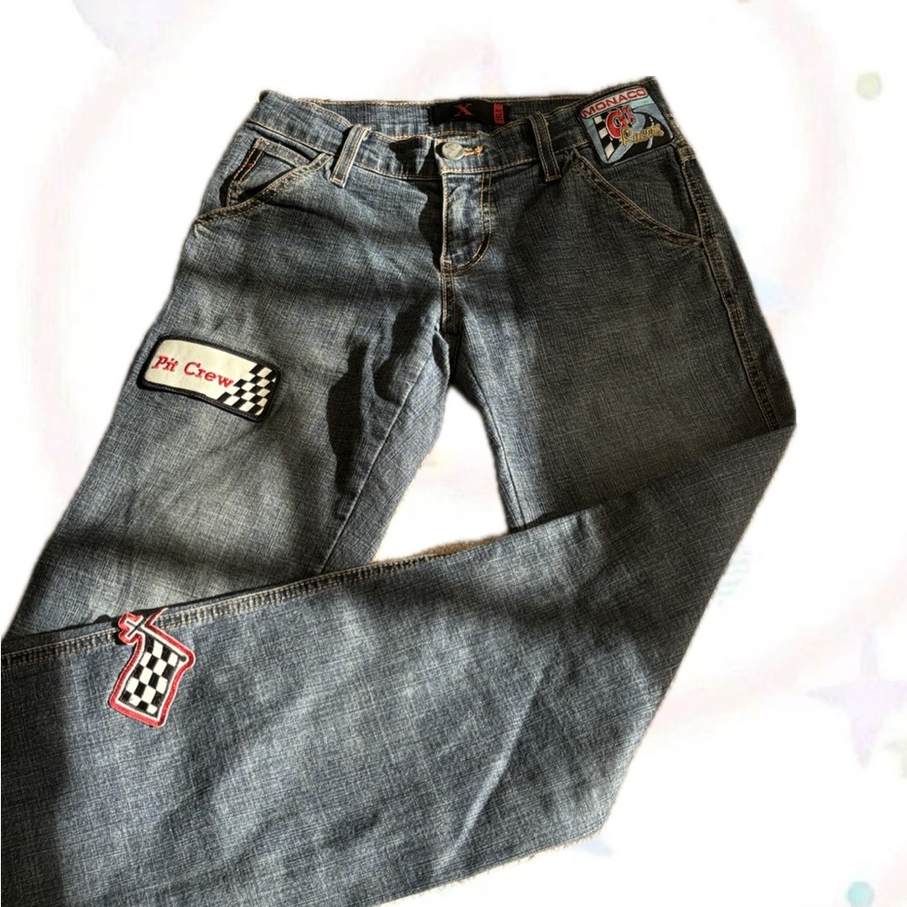 low-rise y2k flared jeans with patch accents